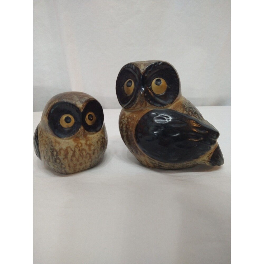 Vtg Set Owl Figurine MCM Otagiri Pottery Ceramic Stoneware Black Brown Japan